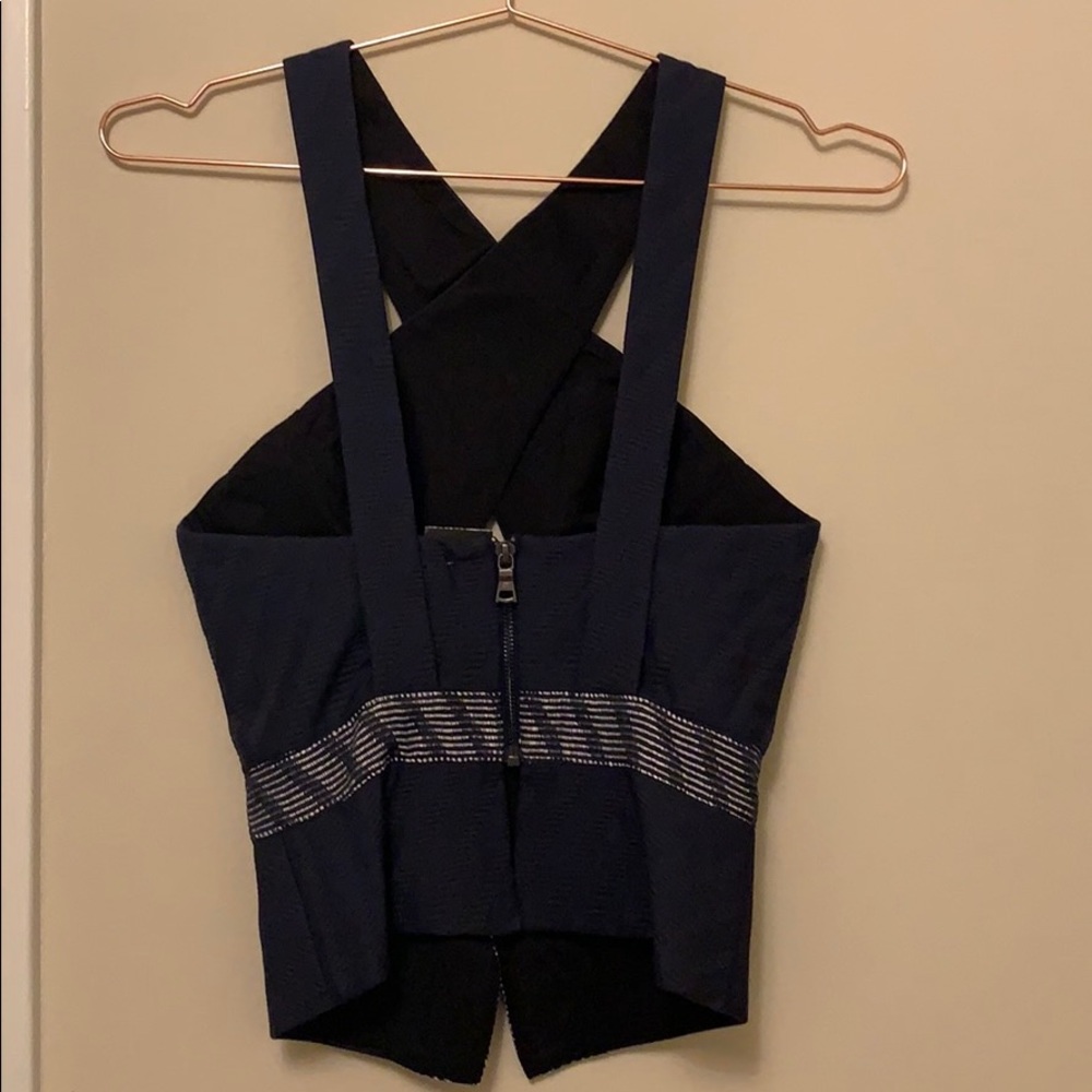 BCBG navy peek a boo woven top